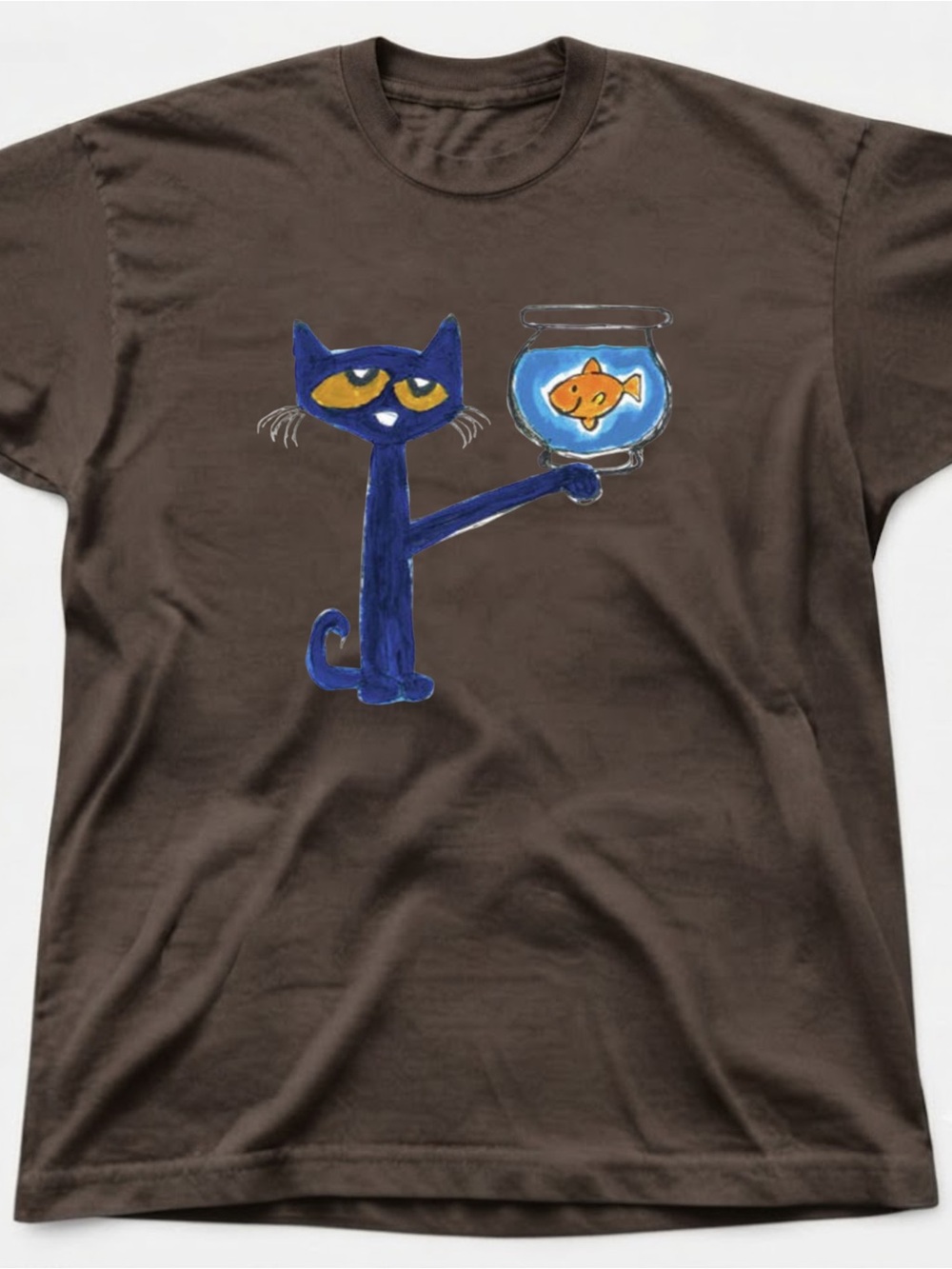 Blue Cat Fish Bowl Graphic Tee Gildan Brown T-shirt